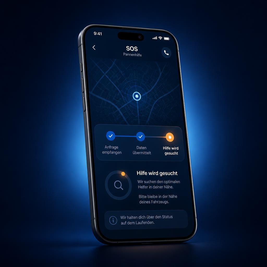 Smartphone mit pannex24 Assistenz-Ansicht: Standortkarte, Fortschrittsschritte und Statusmeldung